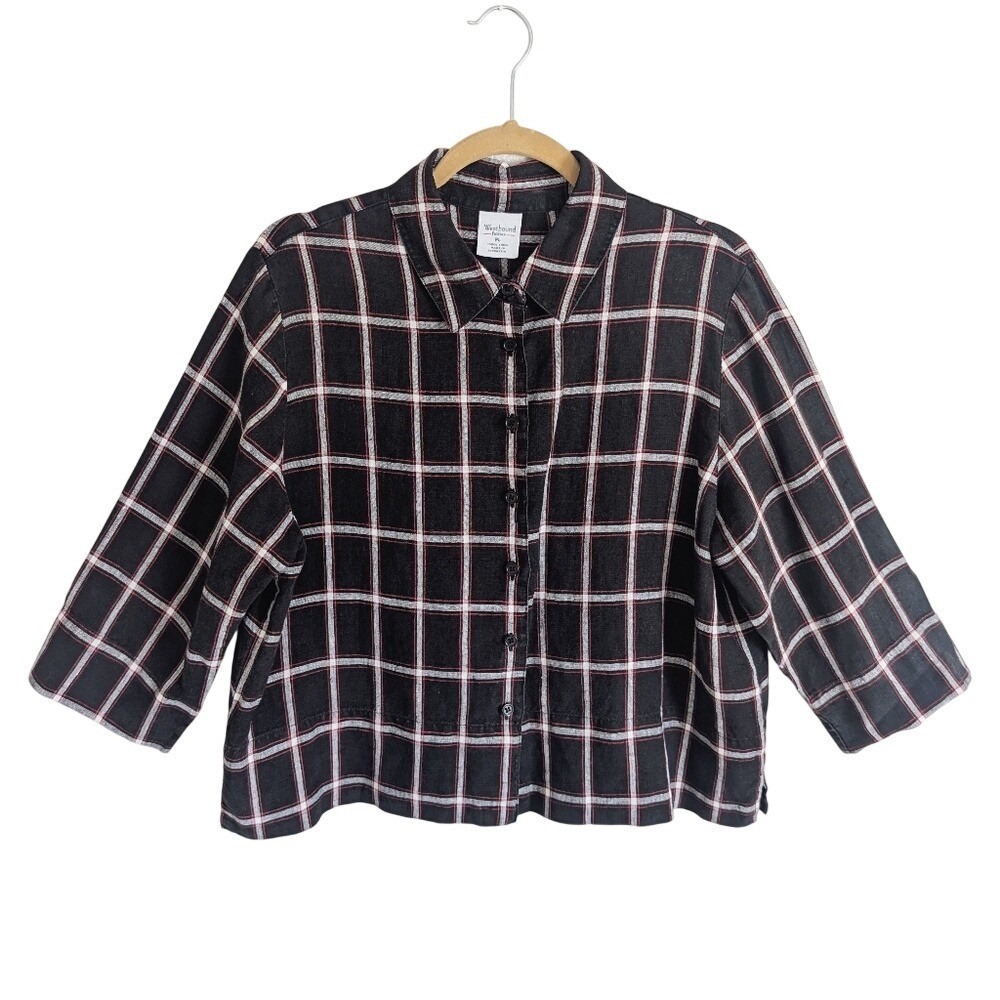 Westbound Cottage Preppy Windowpane Plaid  100% Linen Box Fit Button Up Blouse